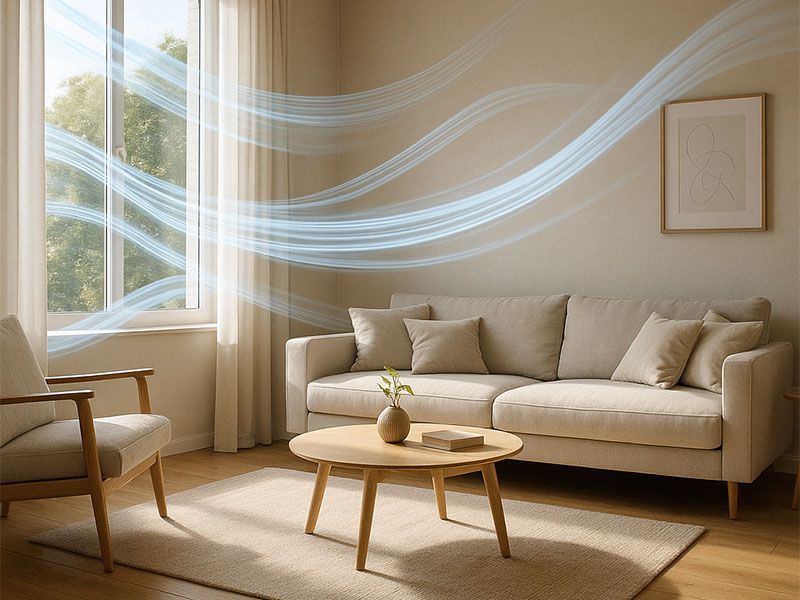 Helles Wohnzimmer mit Sofa, Sessel und Tisch; gezeichnete Luftströme zeigen kontrollierte Wohnraumlüftung.