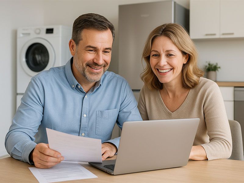 Ein lächelndes Paar sitzt am Tisch in der Küche, betrachtet gemeinsam Unterlagen und einen Laptop, wirkt zufrieden.